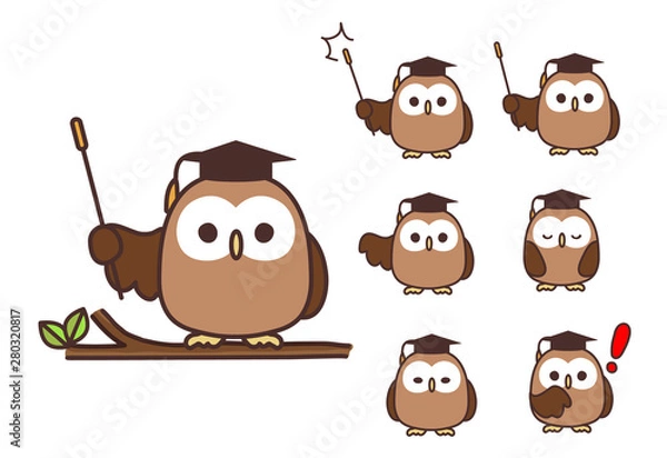 Fototapeta フクロウ先生・フクロウ博士の授業・指し棒・お辞儀・ビックリマーク・イラストアイコン