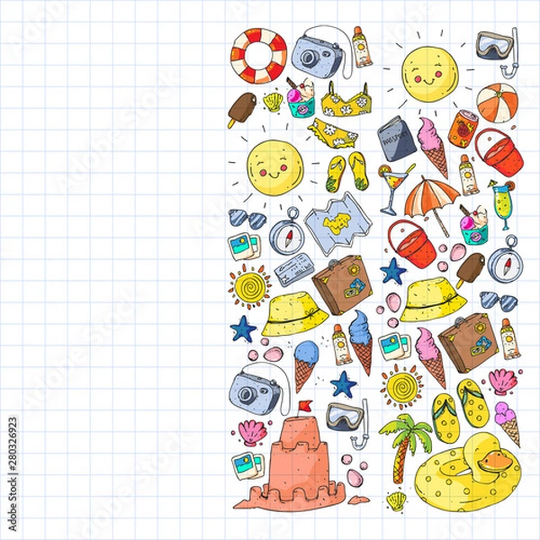 Fototapeta Vector pattern with travel and beach icons.