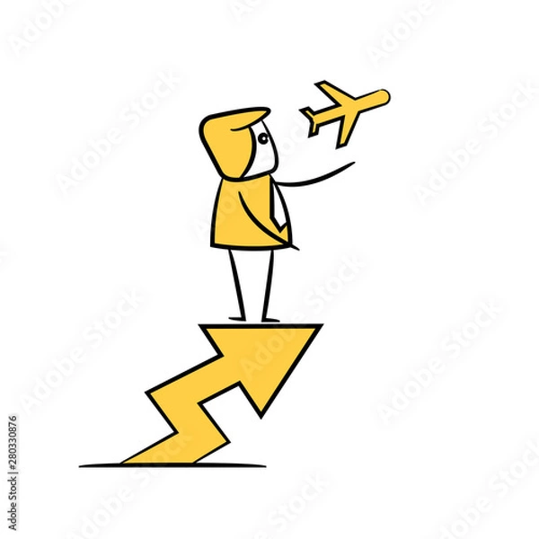 Fototapeta businessman standing on arrow chart and plane yellow stick figure theme
