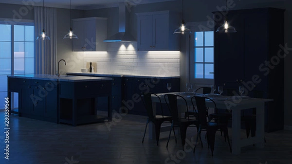 Fototapeta Modern house interior. Night. Evening lighting. 3D rendering.