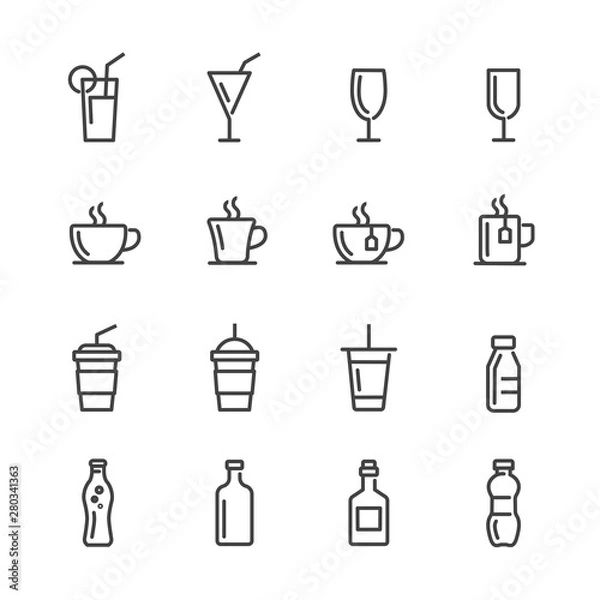 Fototapeta drinks and beverages vector line icons set