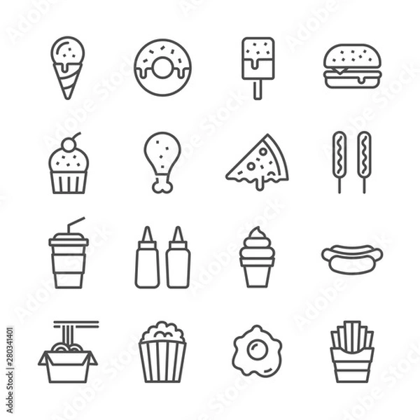 Fototapeta fast food vector line icons set
