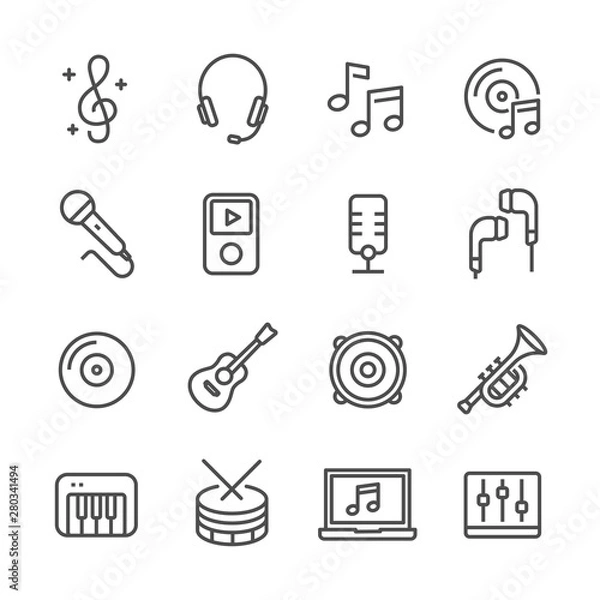 Fototapeta music and equipment vector line icons set