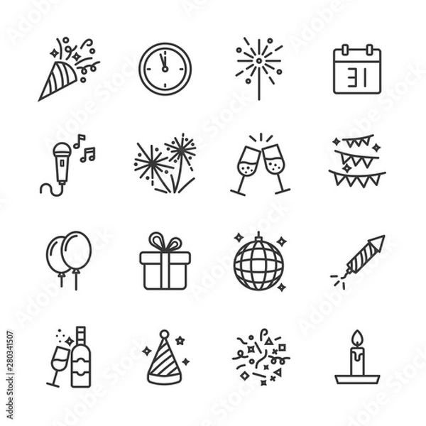 Fototapeta new years and party vector line icons set