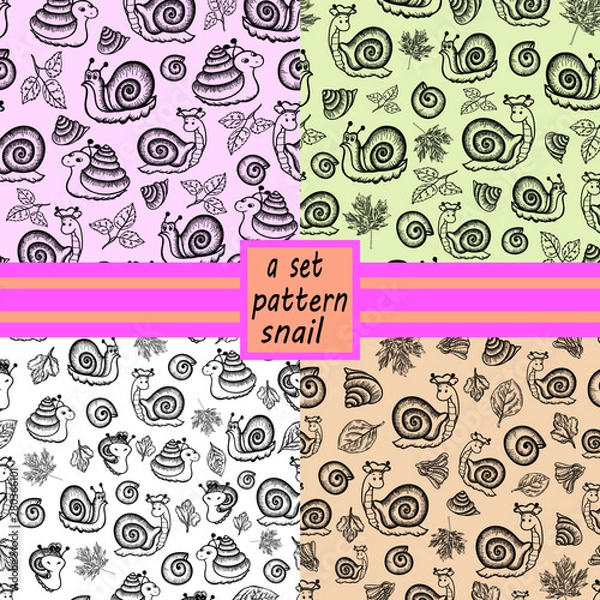 Fototapeta set of seamless patterns snails background autumn shells wallpaper graphics doodle sketch