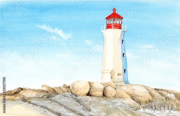 Obraz  Watercolor picture of  lighthouse in Peggy's Cove in  Canada