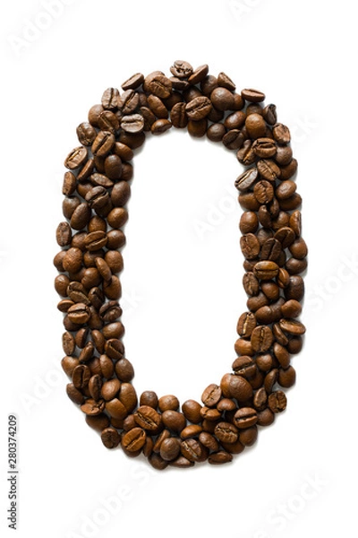 Fototapeta A digit 0 laid out of roasted fragrant coffee beans on a white background