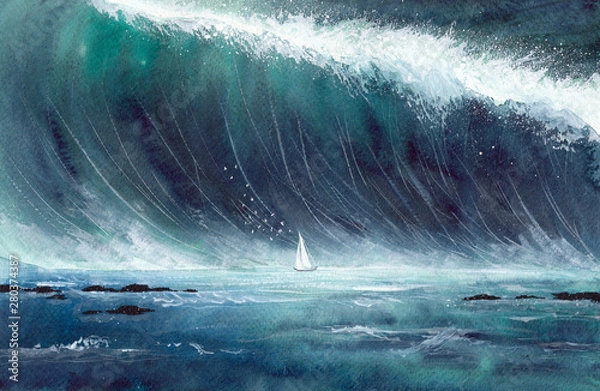 Fototapeta Watercolor picture of a sailing boat  in storm with gigantic green wave and white sea foam