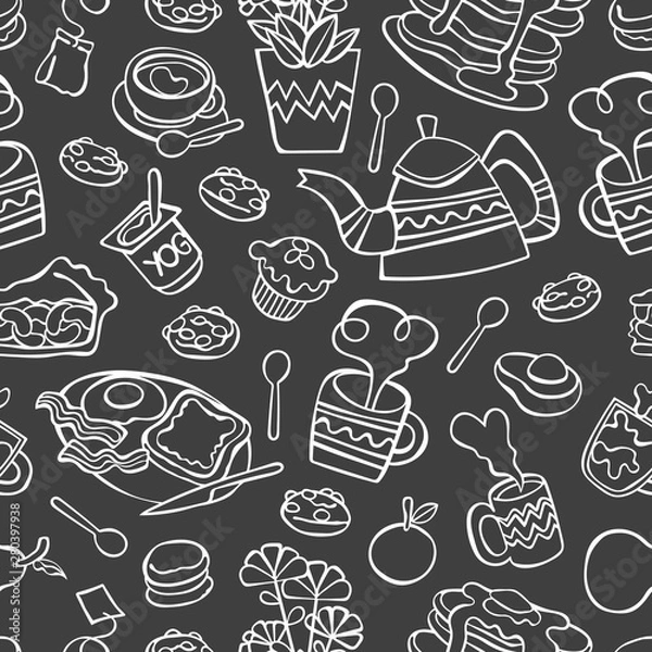 Fototapeta Breakfast. Food and drink. Coffee and tea. Bakery products. Fruits. Seamless vector pattern (background, print).