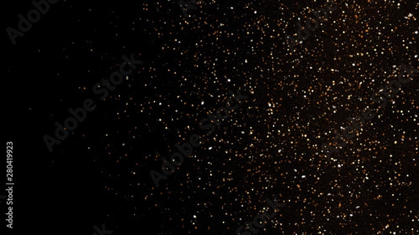 Fototapeta 3d Illustration, Small gold dust, graphics of fire flakes, particle points and yellow-orange circles at the right of the frame