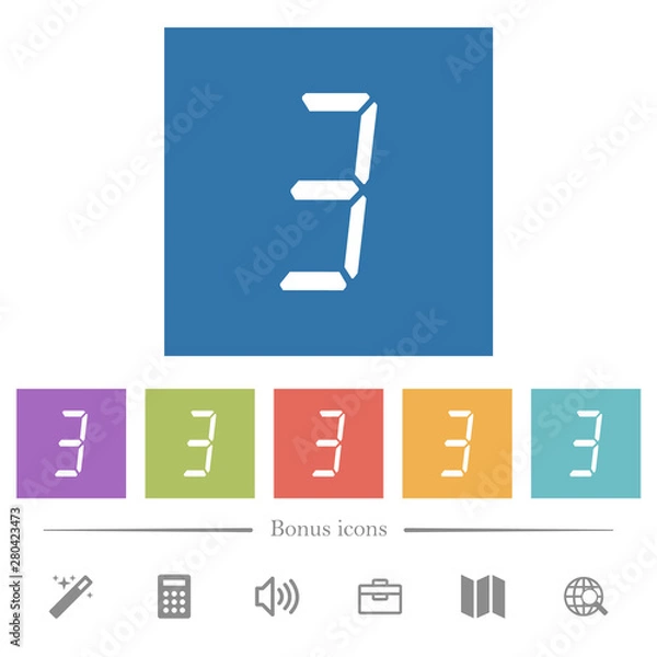 Fototapeta digital number three of seven segment type flat white icons in square backgrounds