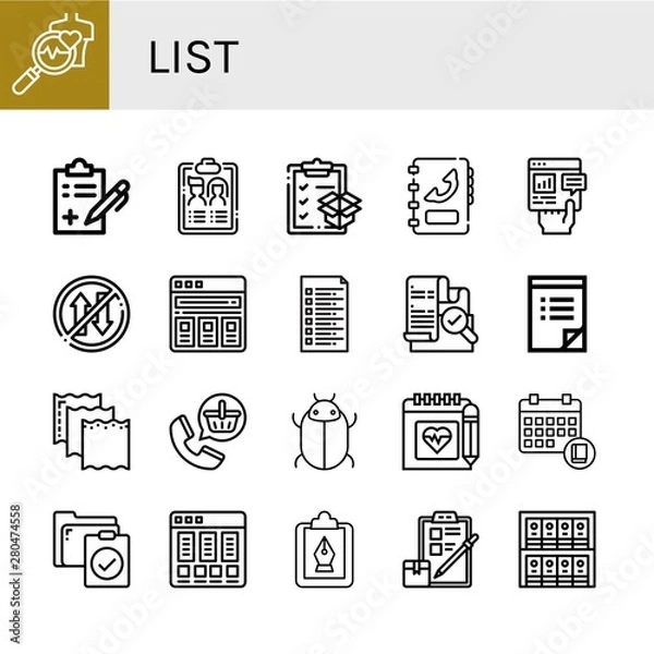 Fototapeta Set of list icons such as Health check, Medical report, Guest list, Clipboard, Phone book, Report, Priority, Price list, Verification, To do Paper, Order, Tick ,
