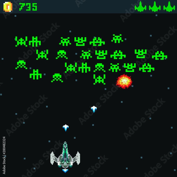 Fototapeta Retro video game, screen, arcade space warships, shooting, background map, vector graphic design illustration. 16 bit, 8 bit . Space place. Battles under the stars. Old computer games.