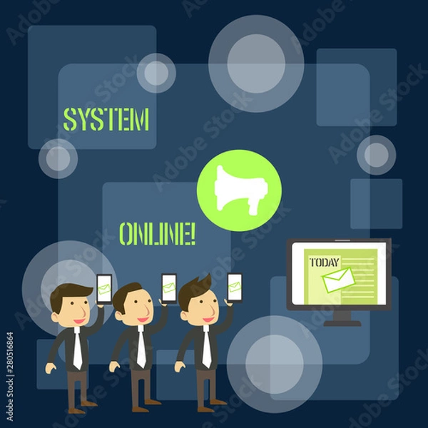 Fototapeta Handwriting text writing System Online. Conceptual photo when a device can readily communicate with other devices SMS Email Marketing Media Audience Attraction Personal Computer Loudspeaker