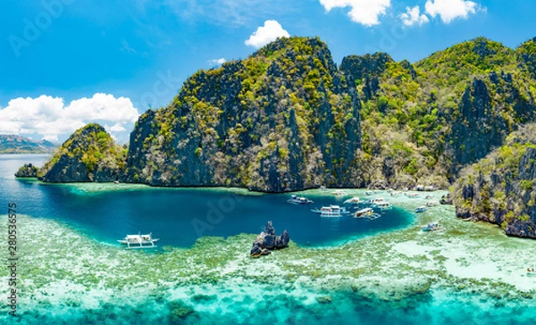 Obraz Aerial view of beautiful lagoons and limestone cliffs of Coron, Palawan, Philippines