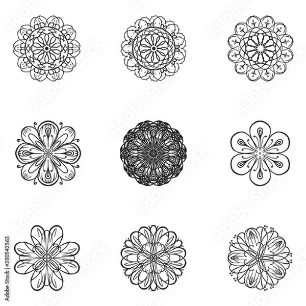 Obraz Flower vector set in sketch style. Isolated black icons on white background.