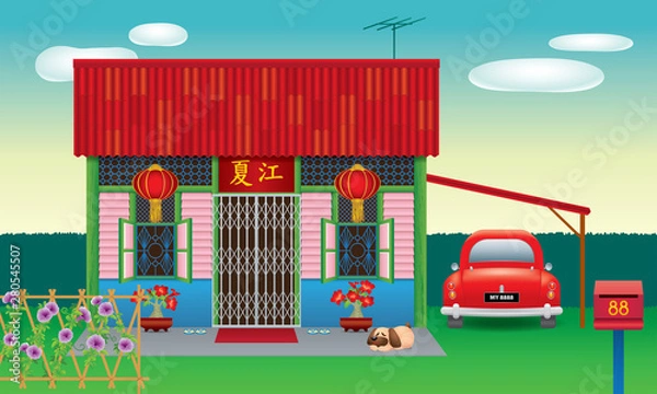 Obraz Traditional Chinese style house, often seen in Malaysia's new village. Various types and colour. Caption: the places where the owner's origin.