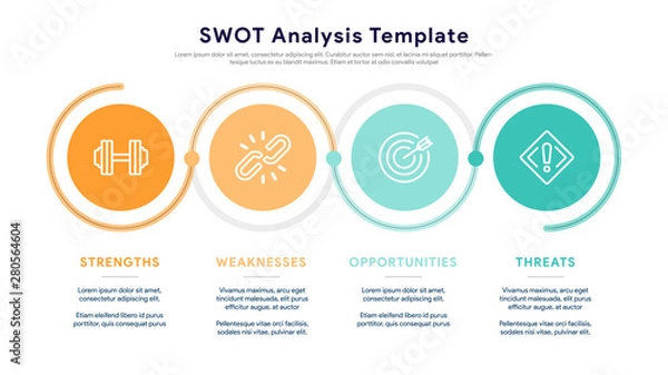 Fototapeta Four colorful elements with text inside placed beside the element. Concept of SWOT-analysis template or strategic planning technique. Infographic design template. Vector illustration.