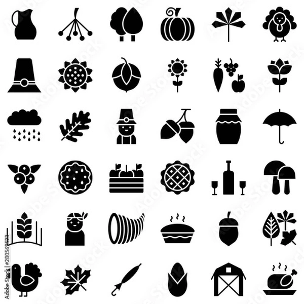Fototapeta thanksgiving related icon set in design. such as turkey, pumpkin pie, autumn leaves, acorn, pillgrim, berries,honey and farming product. solid style