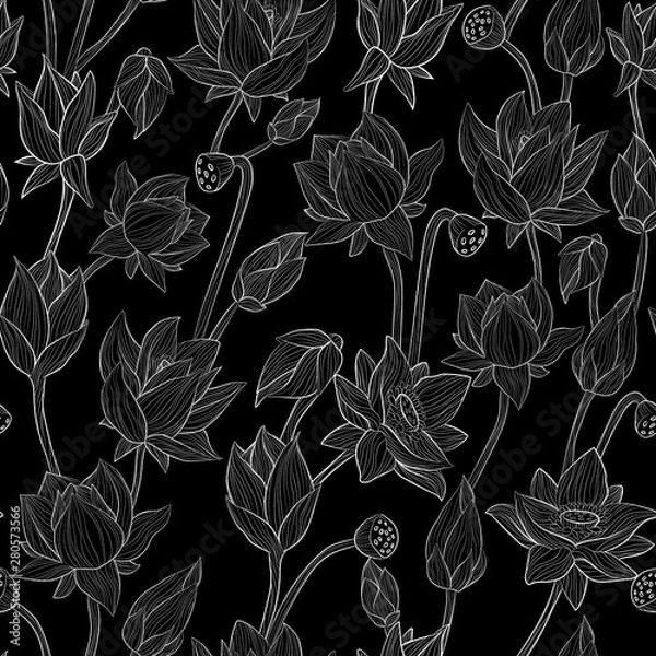 Obraz Water lily hand draw outline art seamless vector pattern in black and white. Hand draw illustration of lotus repeater background.
