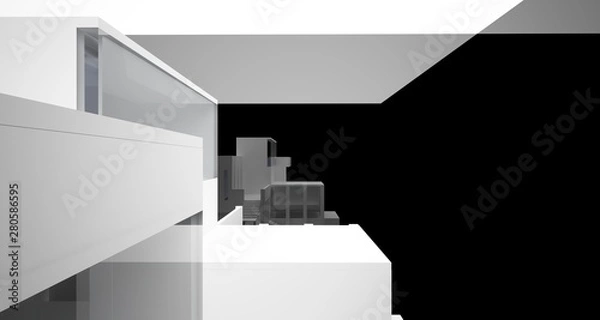 Fototapeta Abstract architectural white and black gloss interior of a minimalist house with large windows.. 3D illustration and rendering.