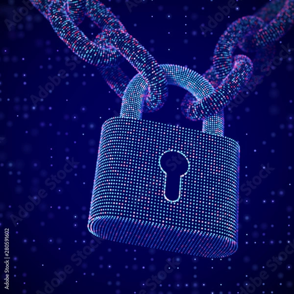 Obraz The concept of digital security and data protection: a closed lock on the chain on dark background. Secure storage of personal data. Security of business operations. EPS 10, vector illustration.