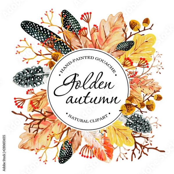Fototapeta Invitation card with hand-drawn yellow autumn oak leaves, acorns, berries, spotted feathers and circle field for fill