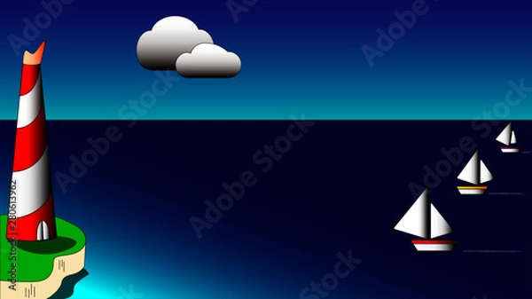 Obraz faro barcos y nubes con relieve
