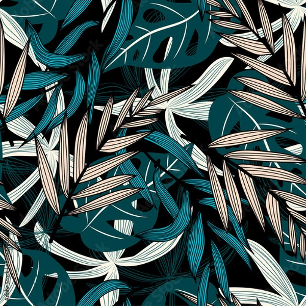 Fototapeta Summer trend seamless pattern with bright tropical leaves and plants on a dark background. Vector design. Jungle print. Floral background. Printing and textiles. Exotic tropics. Summer design.