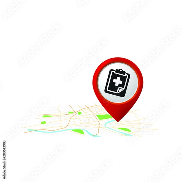 Fototapeta Red hospital pointer on map location. 