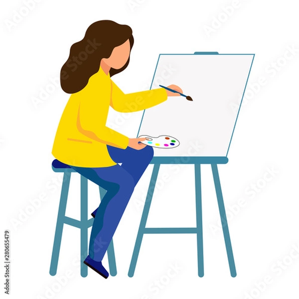 Obraz The artist holds a brush and paints. The girl sits in front of the easel and draws a picture.