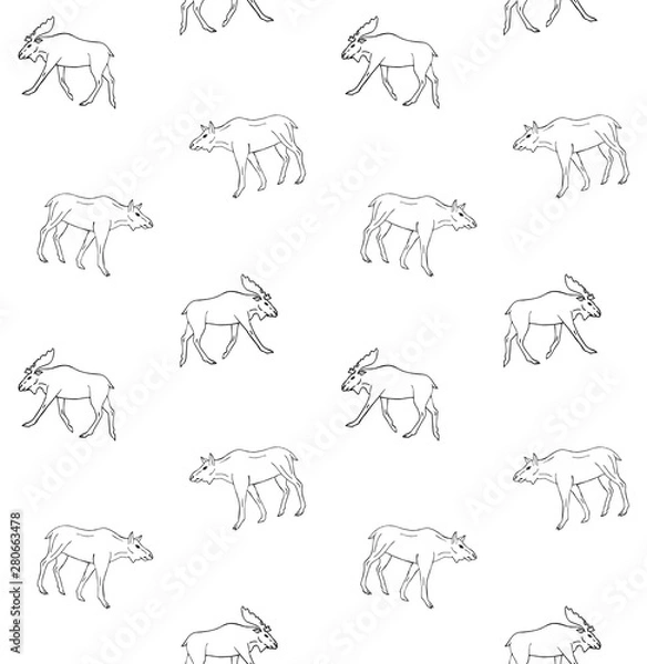 Fototapeta Vector seamless pattern of black hand drawn sketch moose isolated on white background