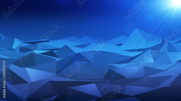 Fototapeta Landscape Planet Technology Wireframe Polygon Geometric Illustration. Abstract Bright Light Glow Sun Flare On Dark Night Sky Texture Background.