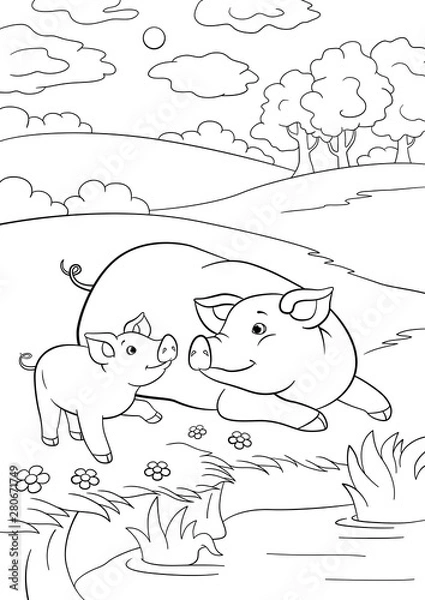 Fototapeta Coloring pages. Mother pig with her little cute piglet near the pondr the pond.
