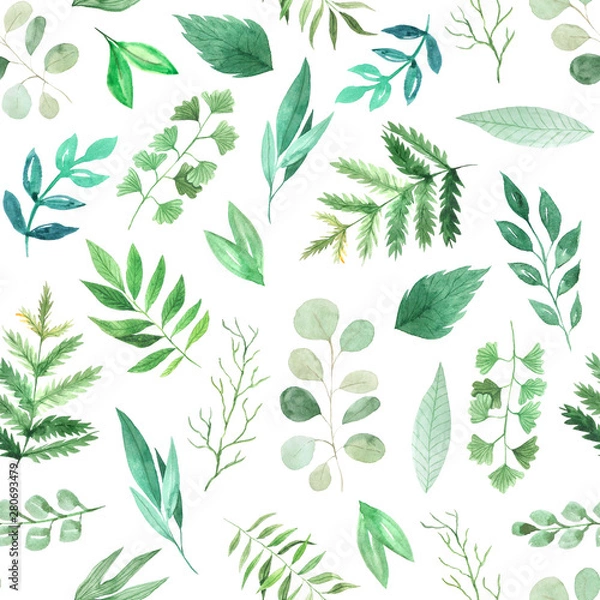 Fototapeta Watercolor seamless pattern with green leaves