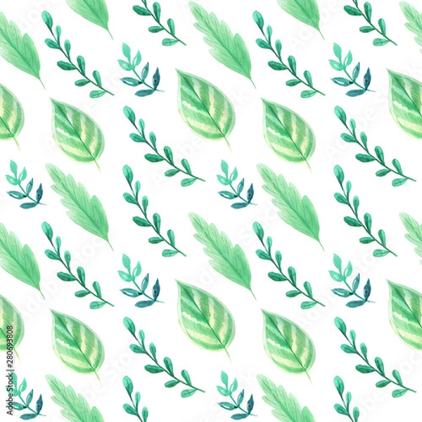 Obraz Watercolor green leaves seamless pattern