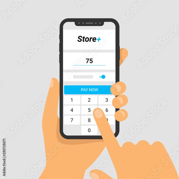 Fototapeta Vector illustration of phone in hand. The application for paying for purchases on smartphone screen. Enter amount on screen keyboard. Finger touch display. Vector flat infographics.