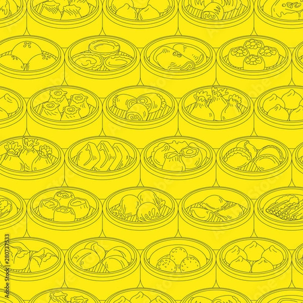 Obraz Seamless vector pattern with Asian food Dim Sum. Hand drawn Yang cha illustration.