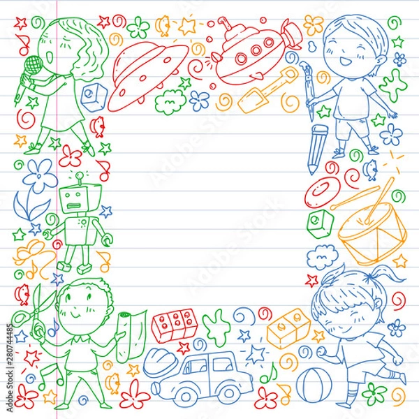 Fototapeta Painted by hand style pattern on the theme of childhood. Vector illustration for children design. Drawing on exercise notebook in colorful style.