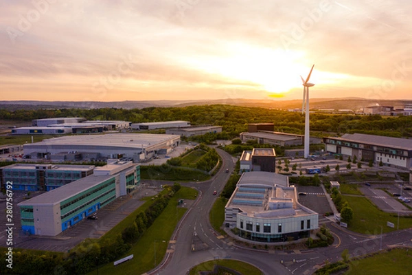 Fototapeta Aerial shot of the advanced manufacturing research centre sheffield. Taken during a beautiful sunset in May of 2019
