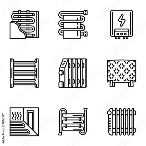 Fototapeta Heater radiator icon set. Outline set of 9 heater radiator vector icons for web design isolated on white background