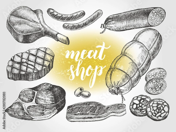 Fototapeta Ink hand drawn set of meat products, bacon, salami and sausages. Food elements collection. Vector illustration with brush calligraphy style lettering.