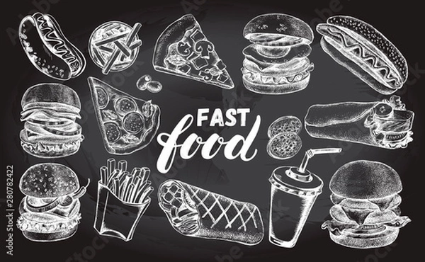 Fototapeta Atrament ręcznie rysowane zestaw różnych hamburgerów, hot doga, burrito, frytki, kawałek pizzy. Kolekcja elementów Fast Food do projektowania menu lub szyld. Ilustracji wektorowych.