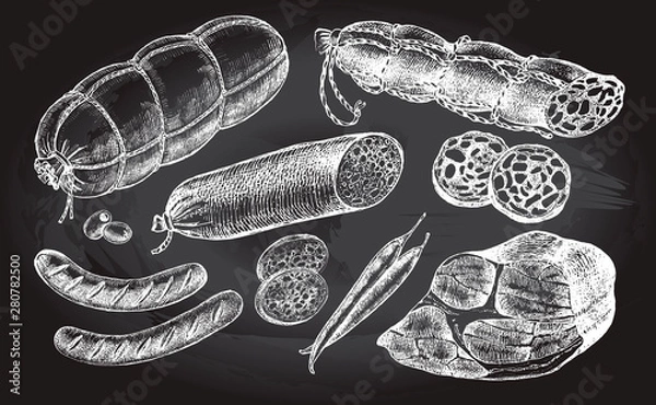Fototapeta Ink hand drawn set of various sausages, ham, salami, meat products. Food elements collection for menu or signboard design. Vector illustration.