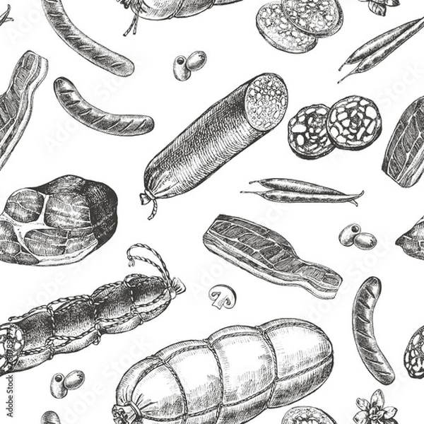 Fototapeta Decorative seamless pattern with Ink hand drawn meat and grill products, bacon, salami and sausages. Food elements texture for your design. Vector illustration.