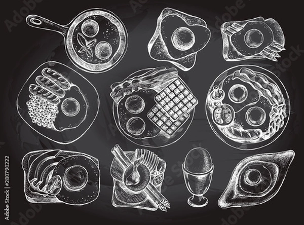 Fototapeta Ink hand drawn set of various egg dishes for breakfast. Food elements collection for menu or signboard design. Vector illustration.