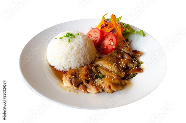 Obraz chicken teriyaki with rice on white dish ,isolate background,Clipping path.