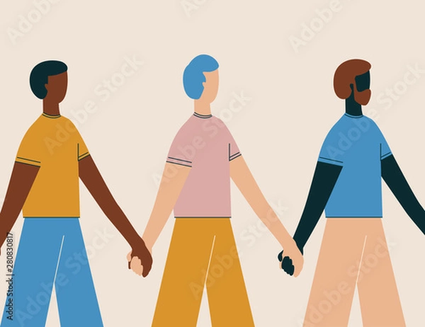 Fototapeta Men holding hands. People standing in row together. Concept of happiness, friendship, diversity, community, strength. Flat isolated male characters. Colored vector illustration