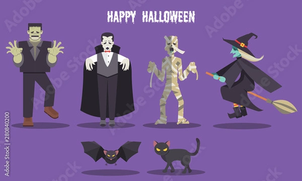 Fototapeta Halloween ghost character set including Frankenstein Dracula Mummy Witch Bat and Black cat