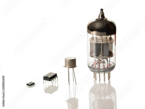 Obraz microchips, transistor and radio tube isolated on white background